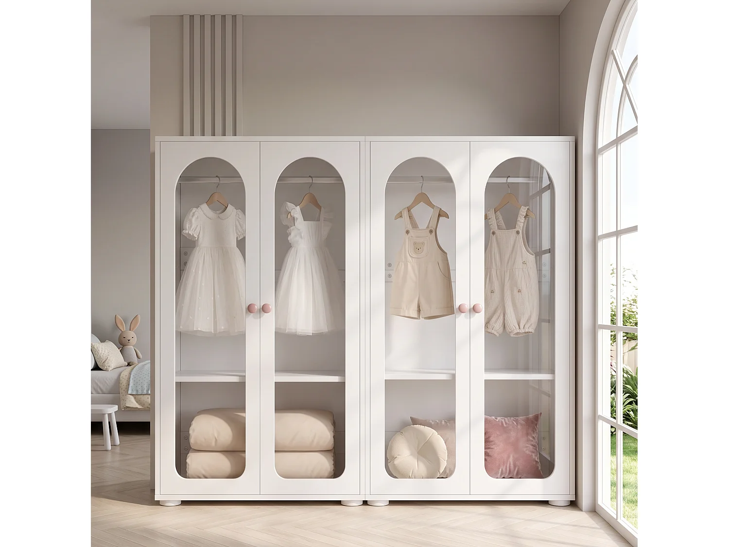 Kinderschrank 160x50x120 cm – Mit Kleiderstange – 4 Türen aus Acryl – Griffe aus Keramik – Lackierte Oberfläche – Weiß