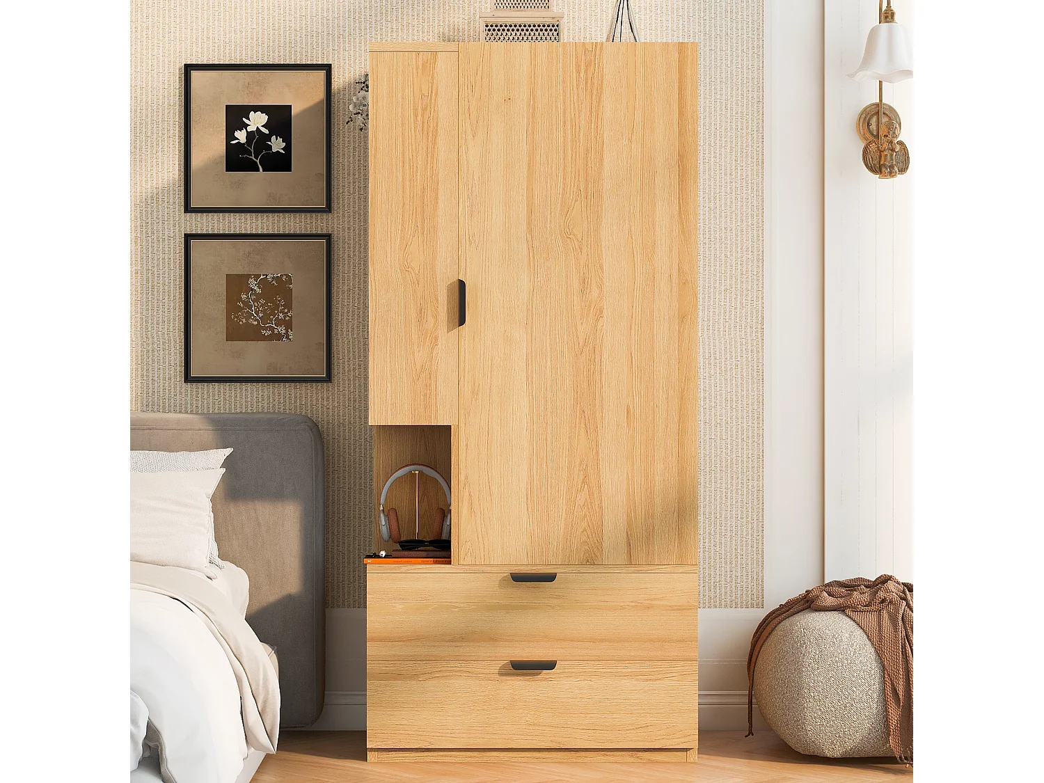 Armoire une porte 70 × 50 × 170 cm – avec 2 tiroirs – avec étagères réglables en hauteur – naturel
