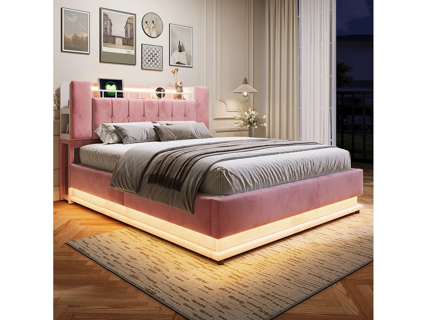 Bett mit Stauraum und gepolstertem Kopfteil 160 x 200 cm – mit LED-Beleuchtung – mit USB-Anschluss – Samt – rosa (Matratze nicht enthalten)