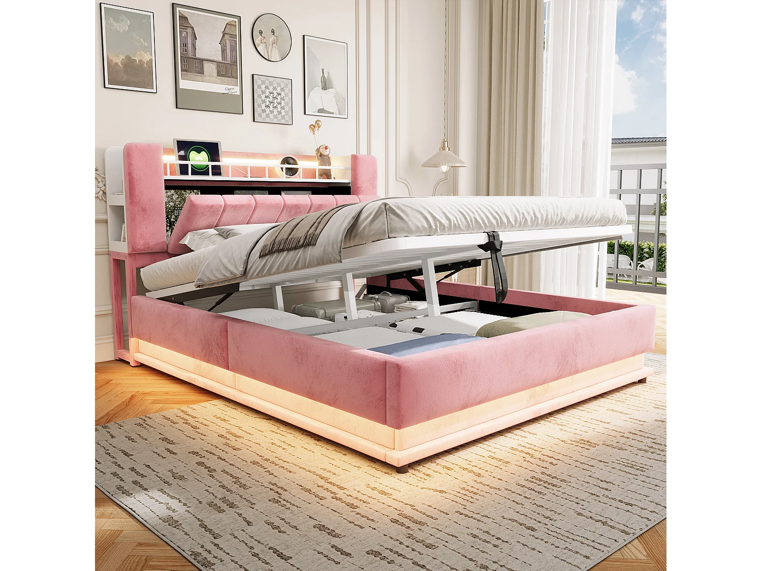 Bett mit Stauraum und gepolstertem Kopfteil 160 x 200 cm – mit LED-Beleuchtung – mit USB-Anschluss – Samt – rosa (Matratze nicht enthalten)