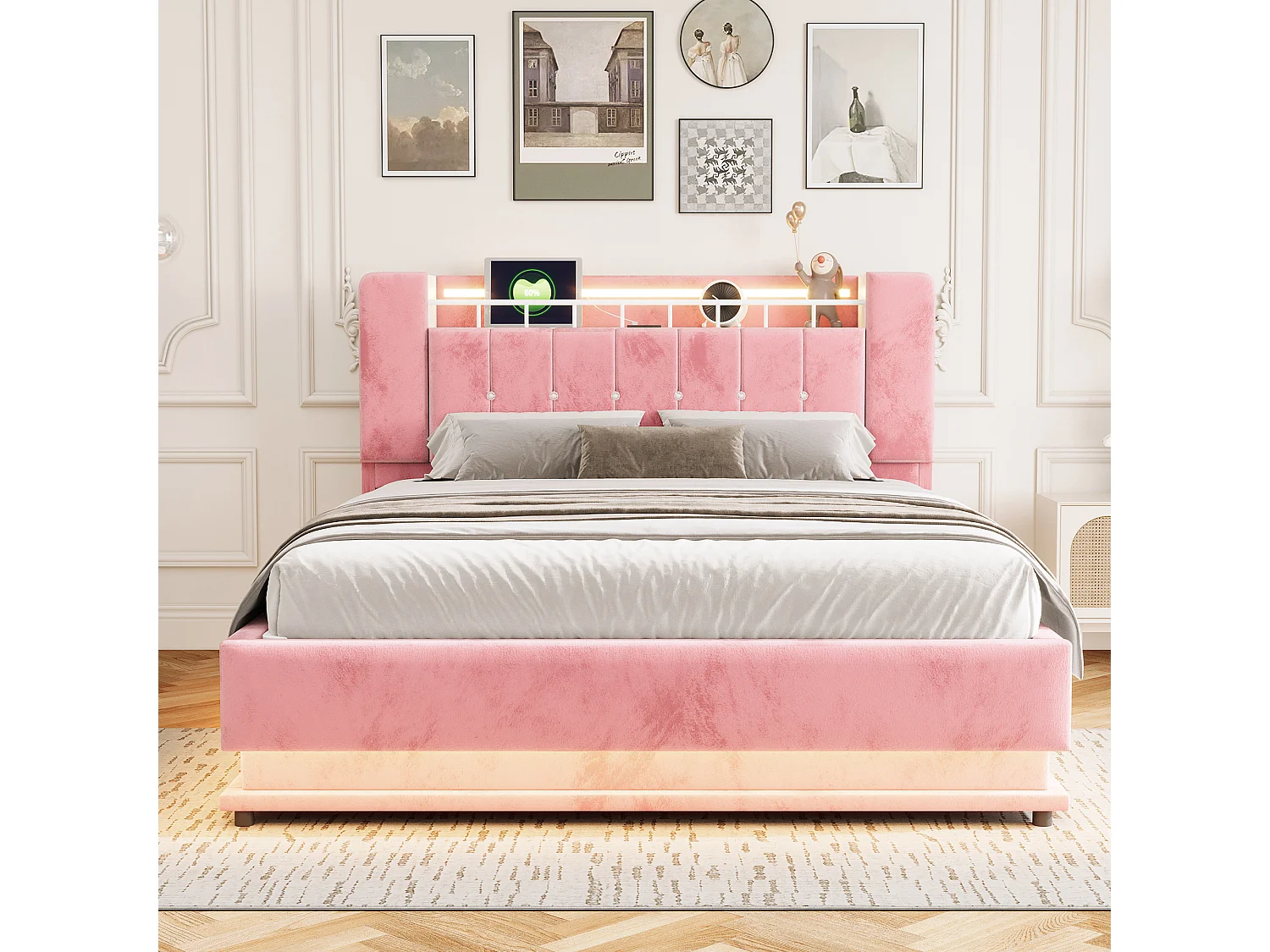 Bett mit Stauraum und gepolstertem Kopfteil 160 x 200 cm – mit LED-Beleuchtung – mit USB-Anschluss – Samt – rosa (Matratze nicht enthalten)