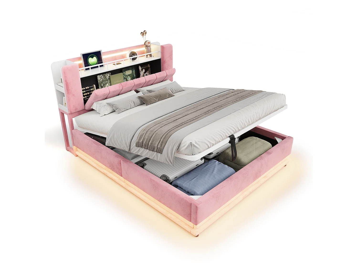 Bett mit Stauraum und gepolstertem Kopfteil 160 x 200 cm – mit LED-Beleuchtung – mit USB-Anschluss – Samt – rosa (Matratze nicht enthalten)