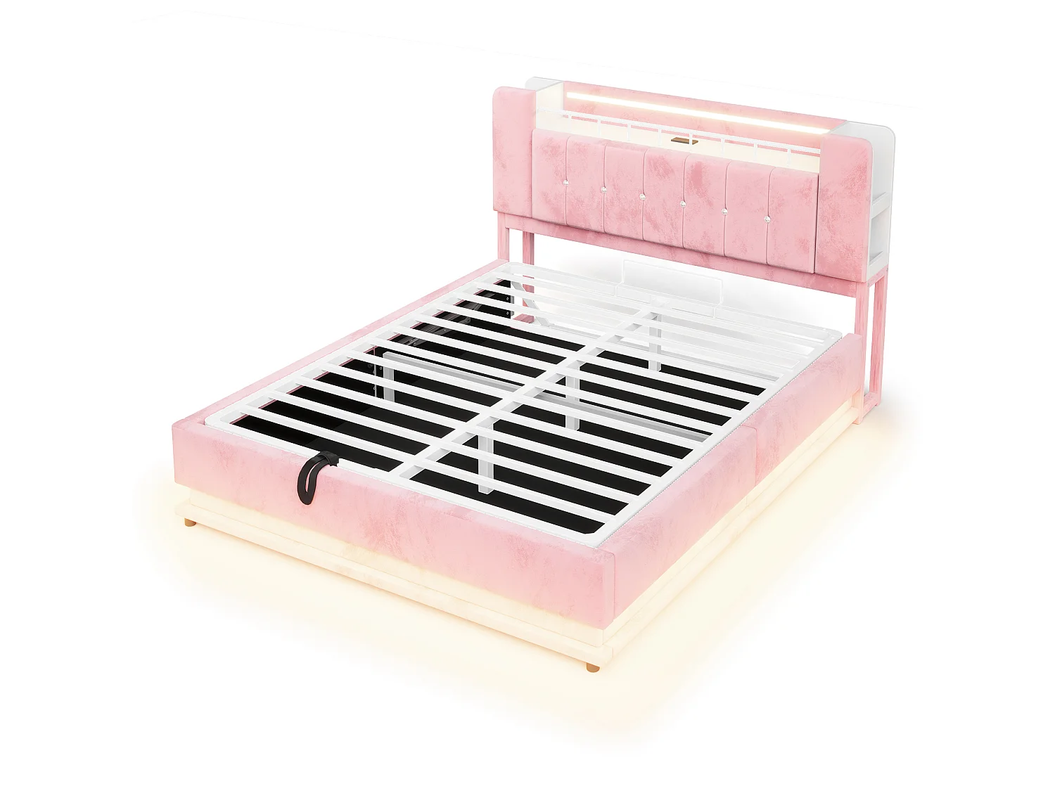 Bett mit Stauraum und gepolstertem Kopfteil 160 x 200 cm – mit LED-Beleuchtung – mit USB-Anschluss – Samt – rosa (Matratze nicht enthalten)