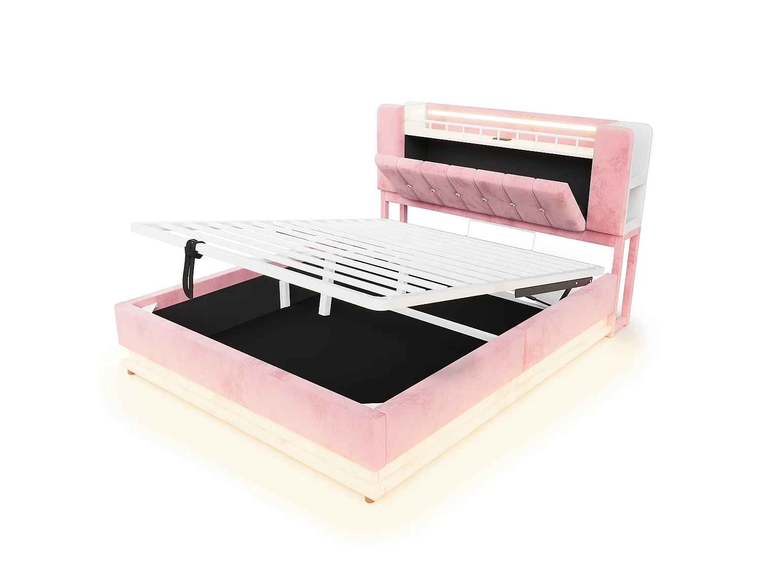 Bett mit Stauraum und gepolstertem Kopfteil 160 x 200 cm – mit LED-Beleuchtung – mit USB-Anschluss – Samt – rosa (Matratze nicht enthalten)