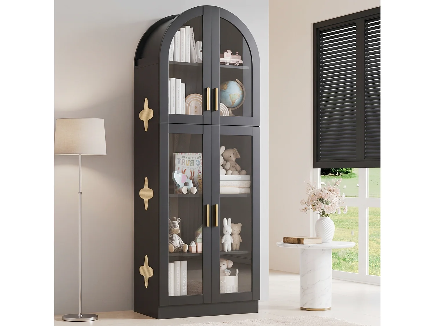 Vitrine cintré 60 x 30 x 165 cm - Bibliothèque à 5 niveaux - 4 portes en acrylique - Détails en rotin - MDF - Noir
