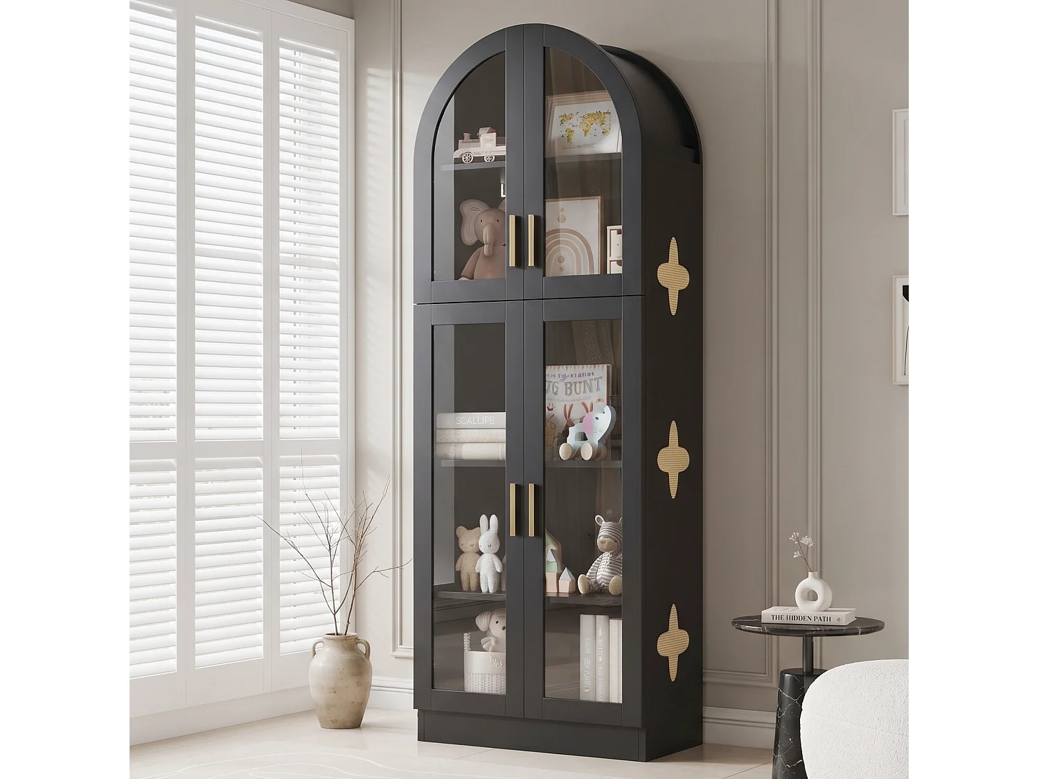 Vitrine cintré 60 x 30 x 165 cm - Bibliothèque à 5 niveaux - 4 portes en acrylique - Détails en rotin - MDF - Noir