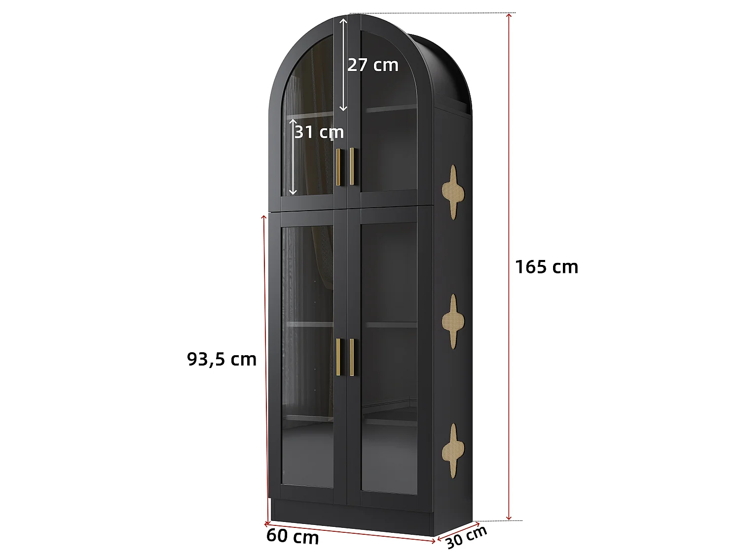 Vitrine cintré 60 x 30 x 165 cm - Bibliothèque à 5 niveaux - 4 portes en acrylique - Détails en rotin - MDF - Noir