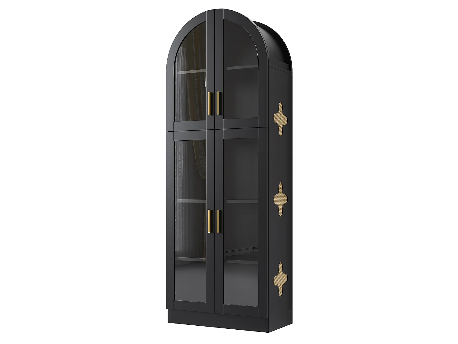 Vitrine cintré 60 x 30 x 165 cm - Bibliothèque à 5 niveaux - 4 portes en acrylique - Détails en rotin - MDF - Noir