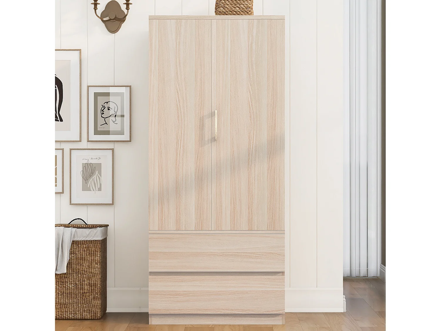 Wardrobe 70 × 50 × 175 cm – with 2 drawers – with open shelves – one-door wardrobe – natural