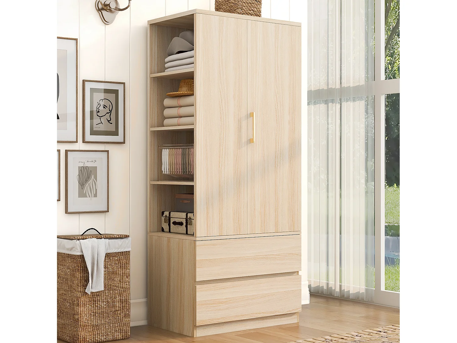 Wardrobe 70 × 50 × 175 cm – with 2 drawers – with open shelves – one-door wardrobe – natural