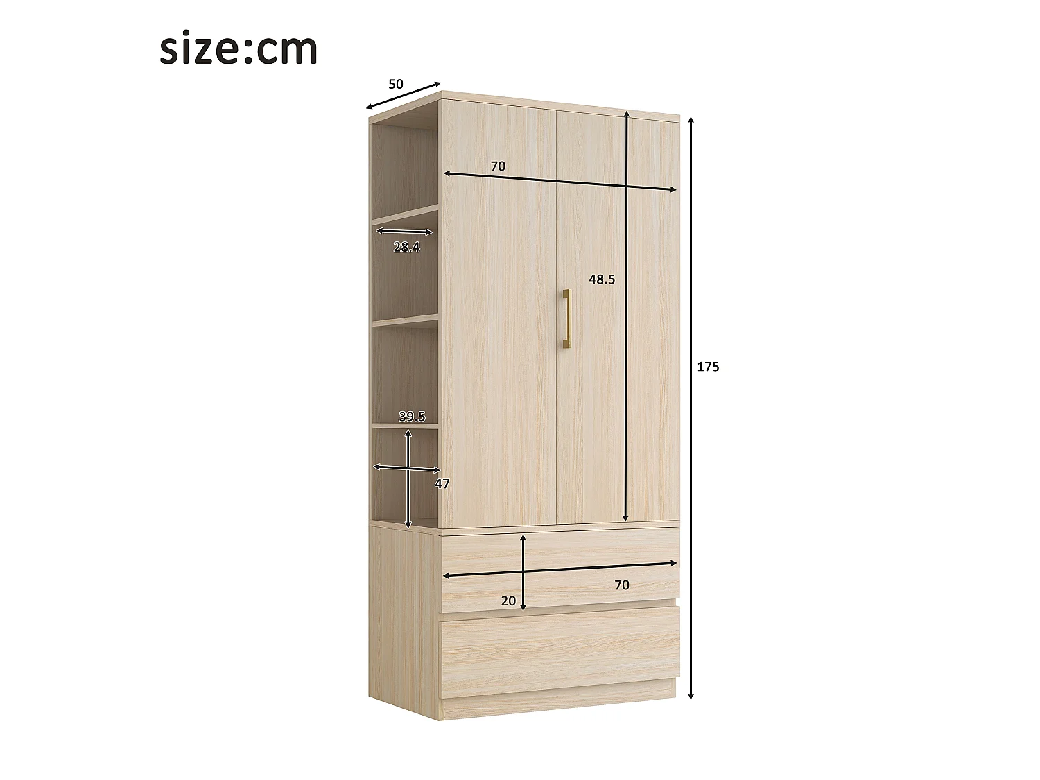 Wardrobe 70 × 50 × 175 cm – with 2 drawers – with open shelves – one-door wardrobe – natural