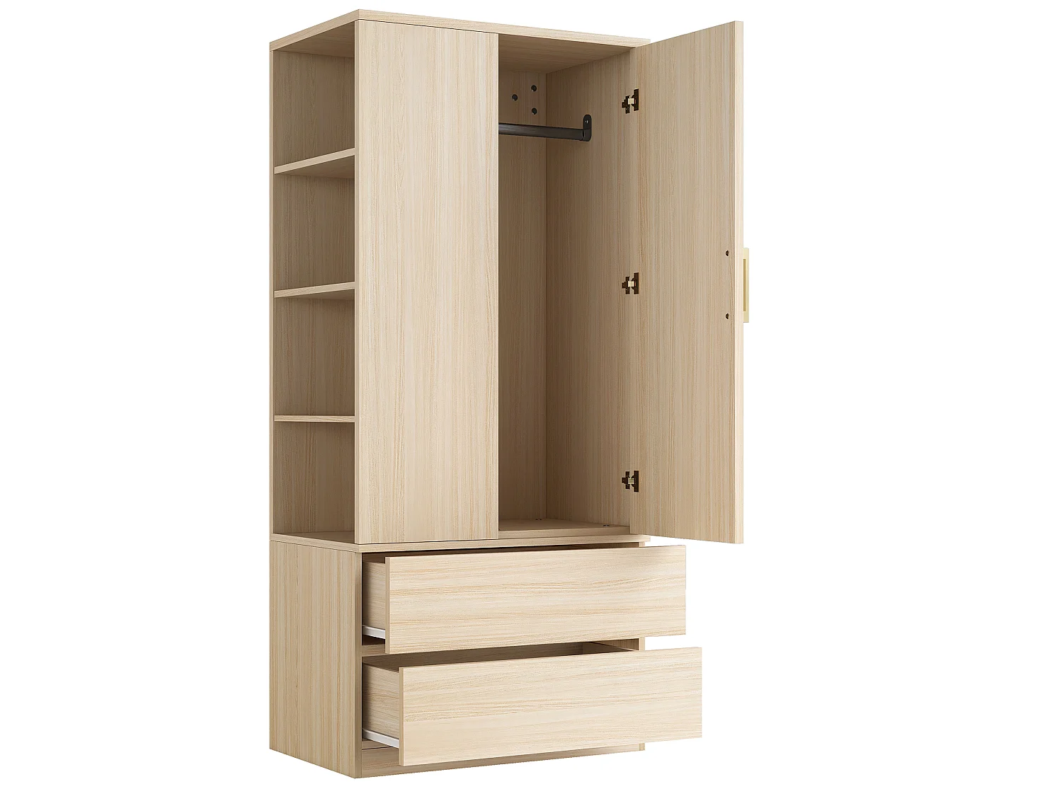 Wardrobe 70 × 50 × 175 cm – with 2 drawers – with open shelves – one-door wardrobe – natural
