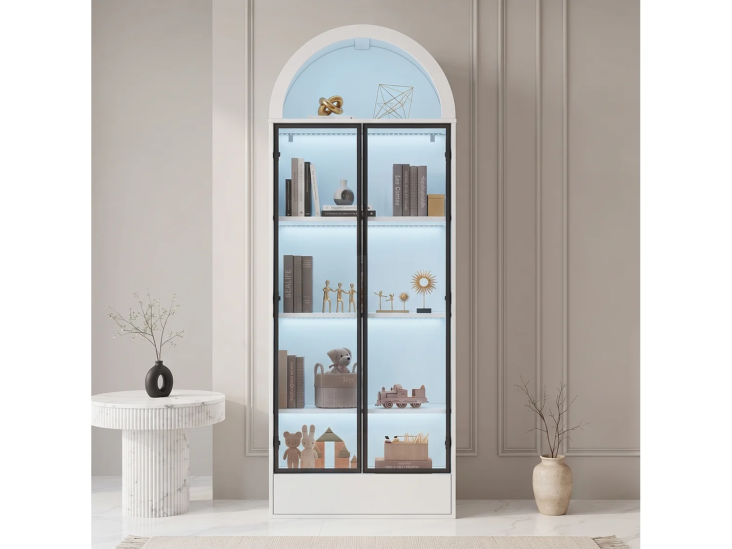 Vitrine/Bibliothèque 70x38x190 cm avec éclairage LED - 2 portes vitrées et 1 tiroir - Structure en aluminium + MDF - Blanc