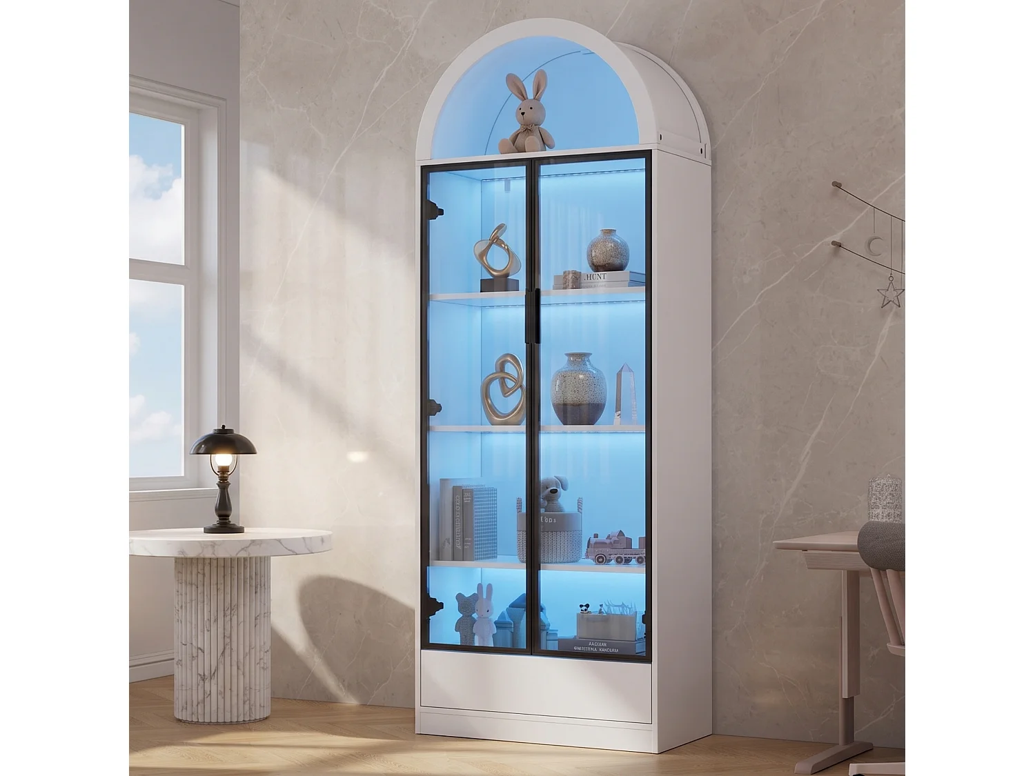 Vitrine/Bibliothèque 70x38x190 cm avec éclairage LED - 2 portes vitrées et 1 tiroir - Structure en aluminium + MDF - Blanc