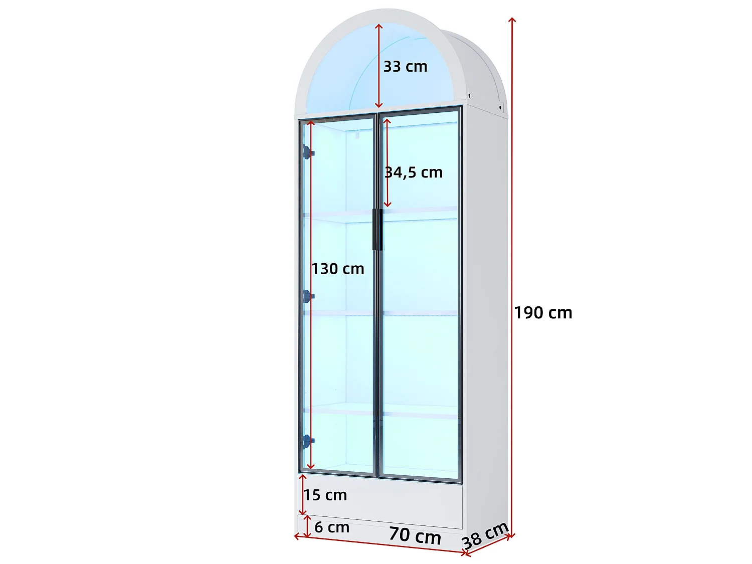 Vitrine/Bibliothèque 70x38x190 cm avec éclairage LED - 2 portes vitrées et 1 tiroir - Structure en aluminium + MDF - Blanc