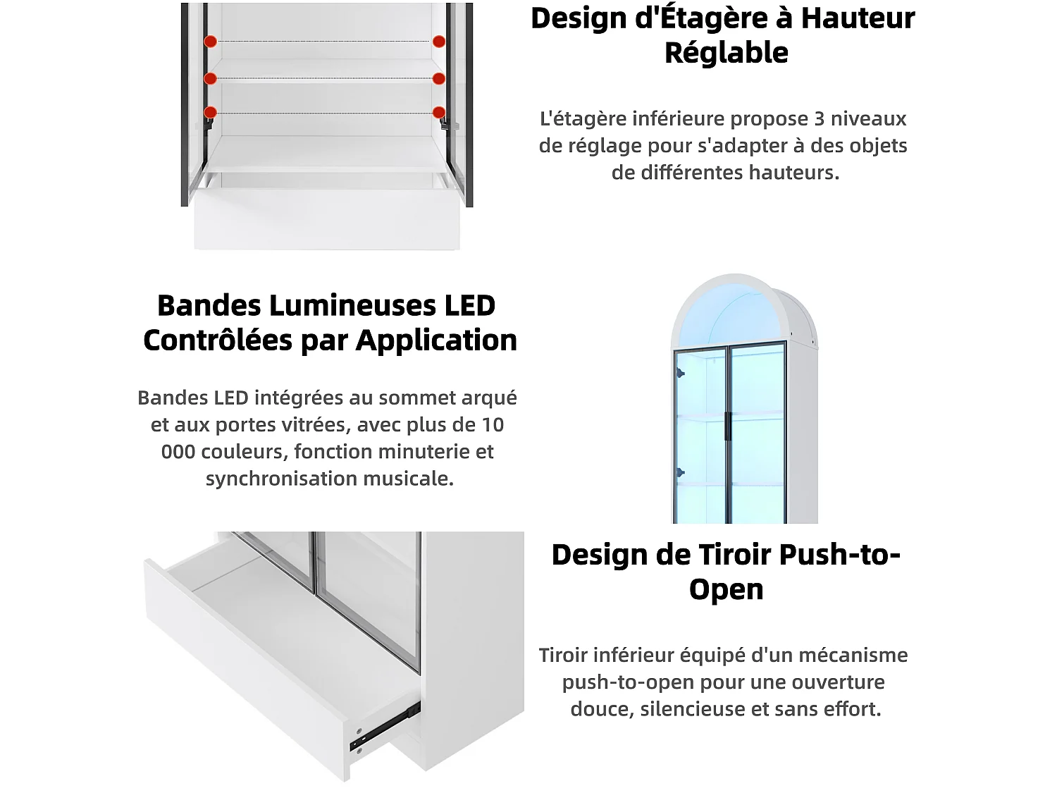 Vitrine/Bibliothèque 70x38x190 cm avec éclairage LED - 2 portes vitrées et 1 tiroir - Structure en aluminium + MDF - Blanc
