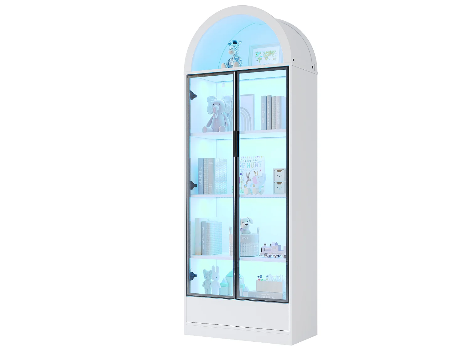 Vitrine/Bibliothèque 70x38x190 cm avec éclairage LED - 2 portes vitrées et 1 tiroir - Structure en aluminium + MDF - Blanc