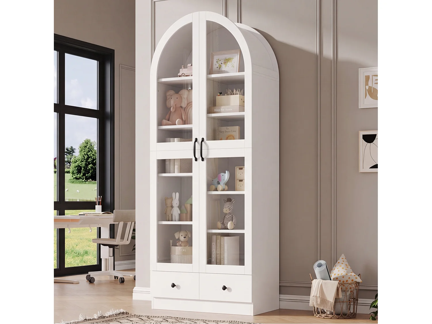 Vitrine, bibliothèque multifonction - Design à sommet cintré - 2 portes vitrées et 2 tiroirs - Poignées en métal - MDF - Blanc
