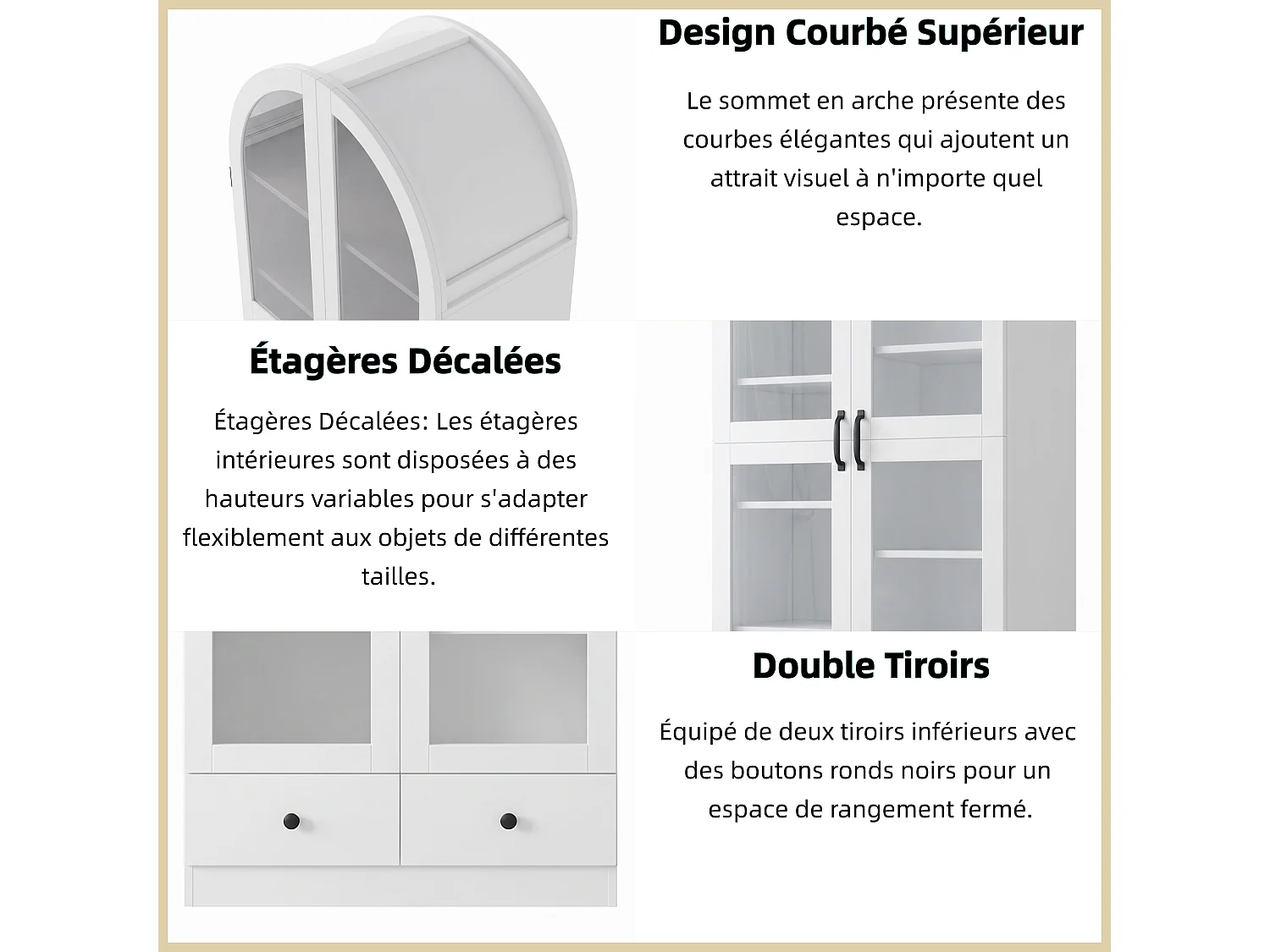 Vitrine, bibliothèque multifonction - Design à sommet cintré - 2 portes vitrées et 2 tiroirs - Poignées en métal - MDF - Blanc