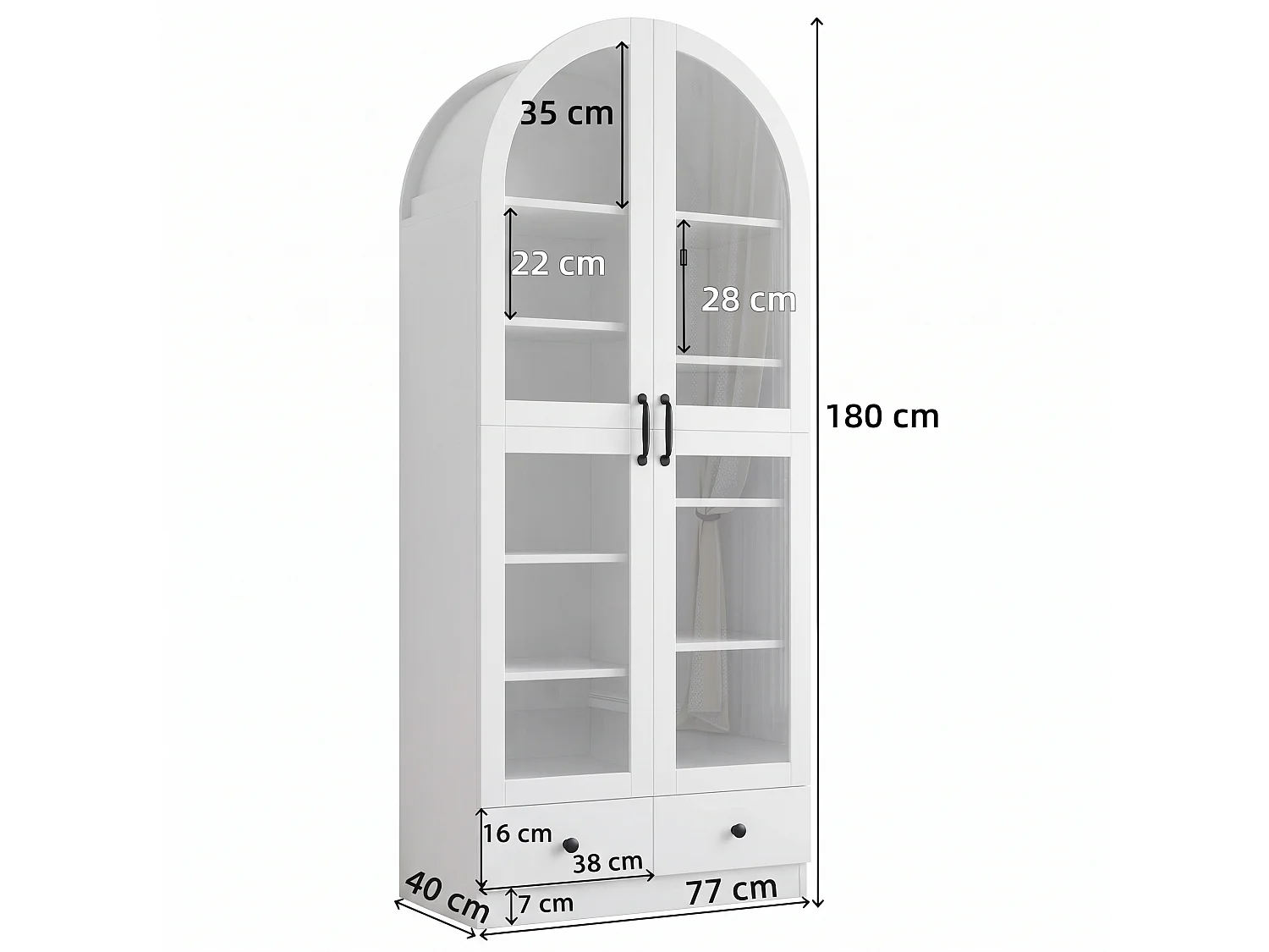 Vitrine, bibliothèque multifonction - Design à sommet cintré - 2 portes vitrées et 2 tiroirs - Poignées en métal - MDF - Blanc