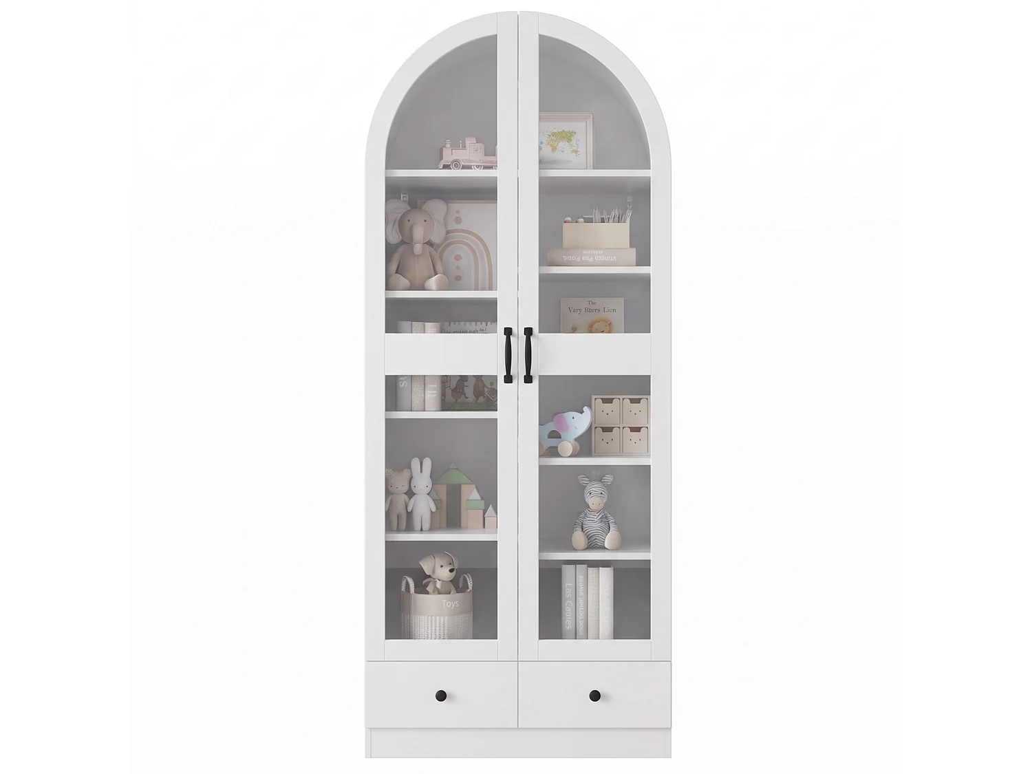 Vitrine, bibliothèque multifonction - Design à sommet cintré - 2 portes vitrées et 2 tiroirs - Poignées en métal - MDF - Blanc