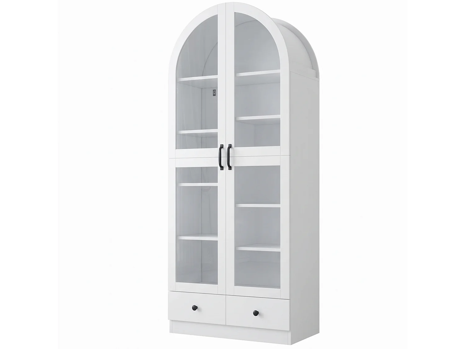 Vitrine, bibliothèque multifonction - Design à sommet cintré - 2 portes vitrées et 2 tiroirs - Poignées en métal - MDF - Blanc