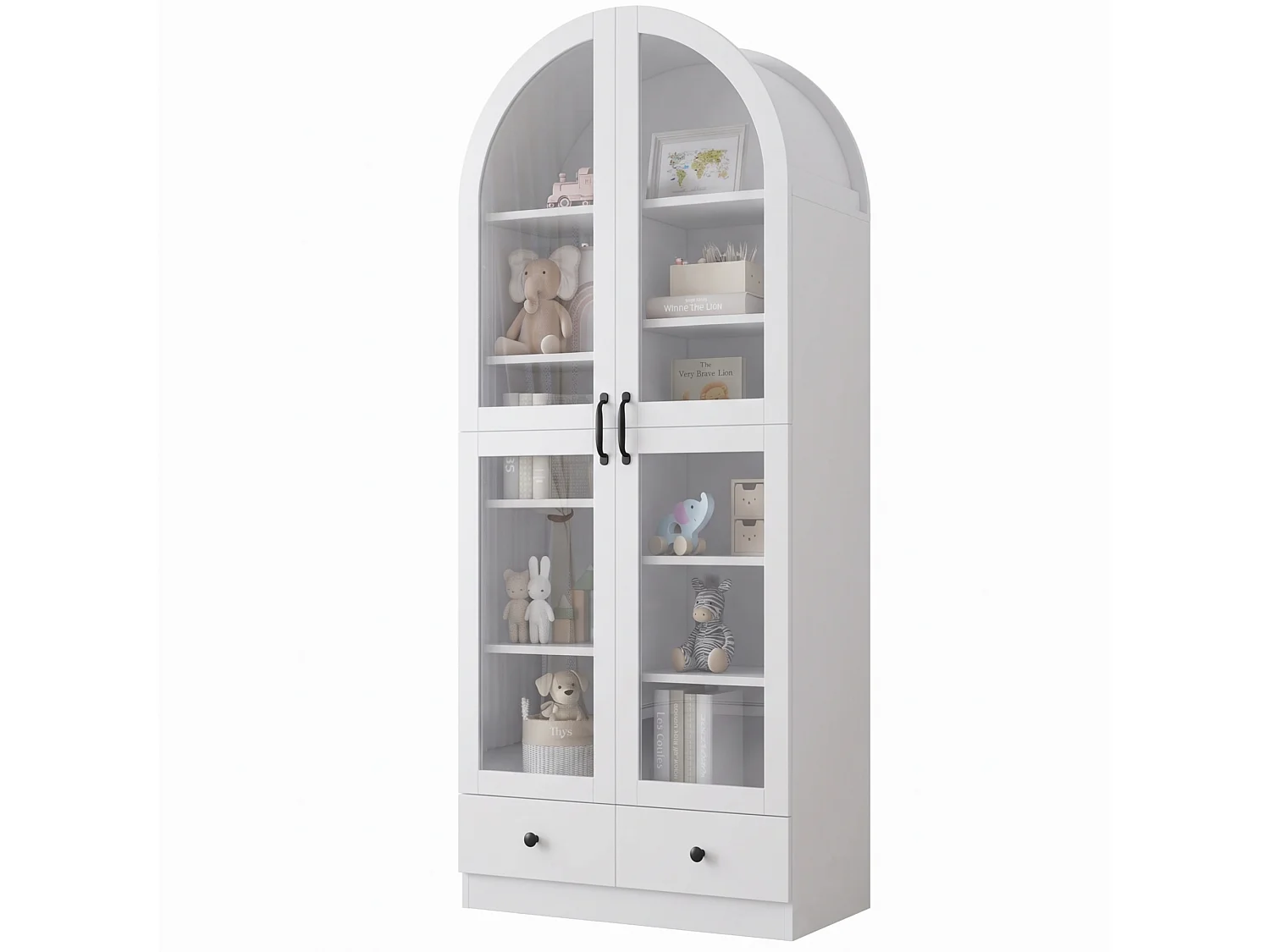 Vitrine, bibliothèque multifonction - Design à sommet cintré - 2 portes vitrées et 2 tiroirs - Poignées en métal - MDF - Blanc