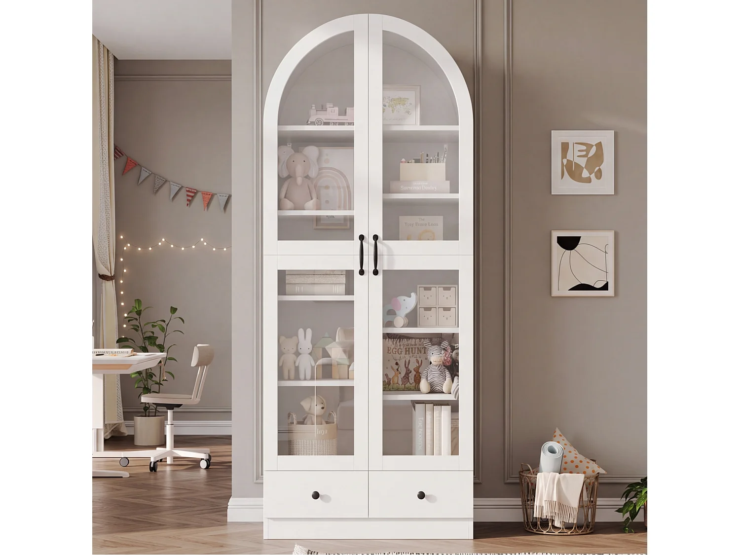 Vitrine, bibliothèque multifonction - Design à sommet cintré - 2 portes vitrées et 2 tiroirs - Poignées en métal - MDF - Blanc
