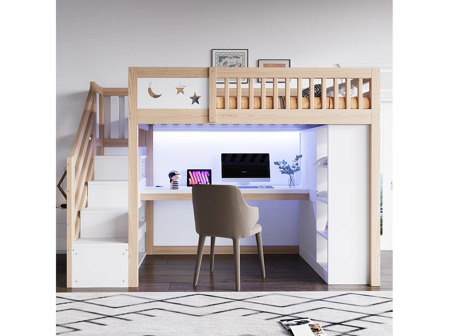 Lit mezzanine en bois 90 x 200 cm – avec barrières de sécurité – avec éclairage LED – avec prise électrique – Blanc + Naturel(matelas non inclus)