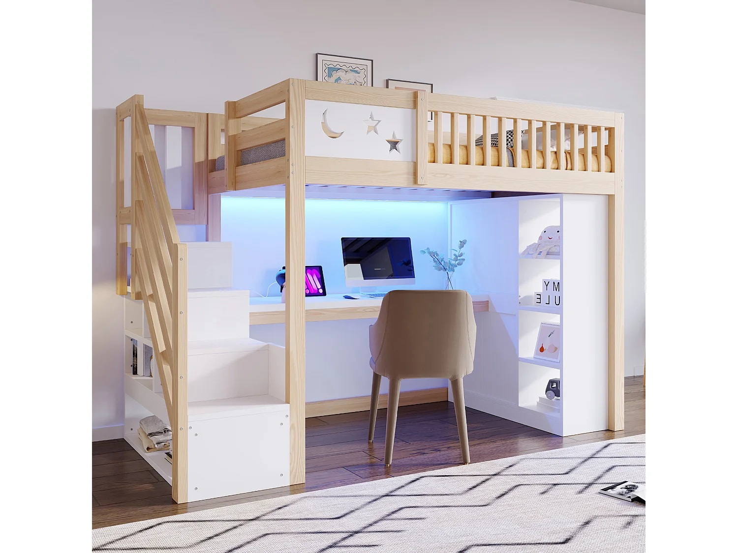Lit mezzanine en bois 90 x 200 cm – avec barrières de sécurité – avec éclairage LED – avec prise électrique – Blanc + Naturel(matelas non inclus)
