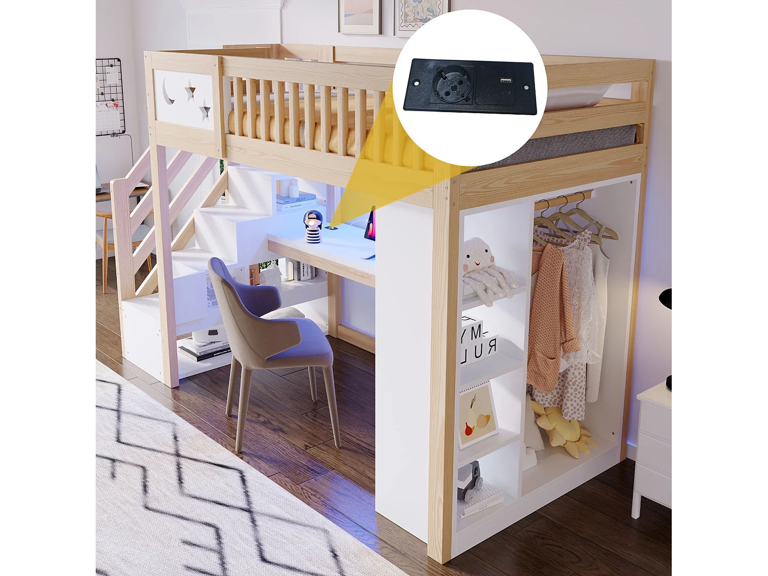 Lit mezzanine en bois 90 x 200 cm – avec barrières de sécurité – avec éclairage LED – avec prise électrique – Blanc + Naturel(matelas non inclus)