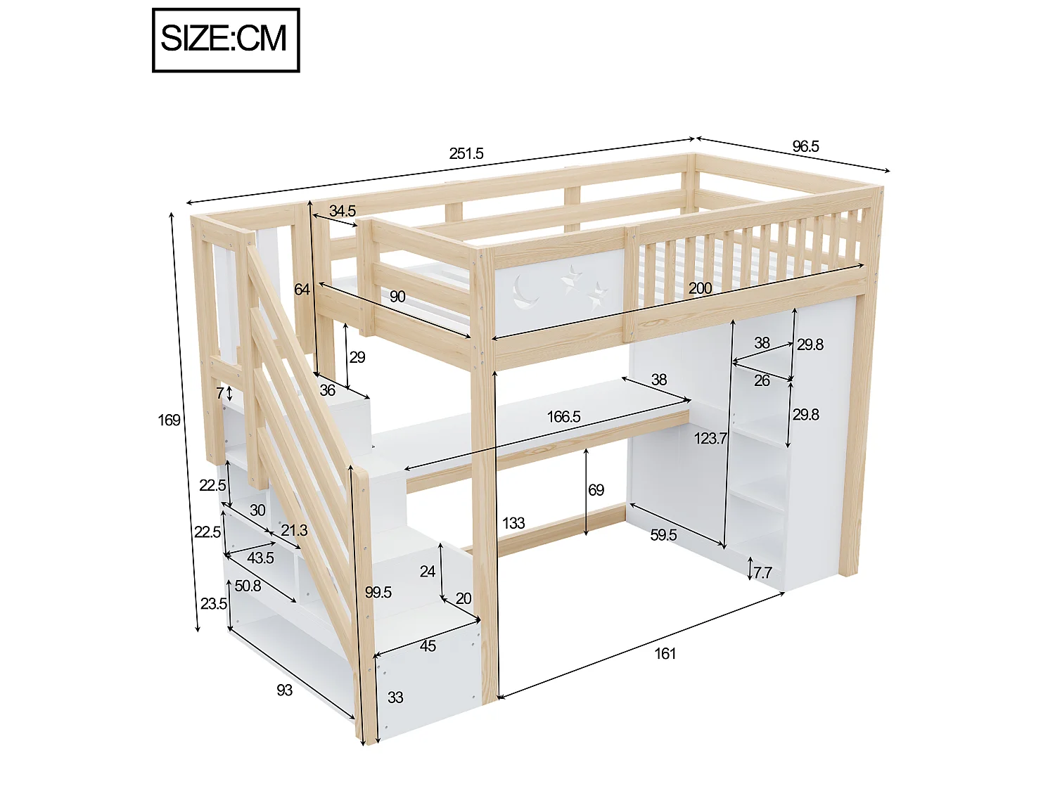 Lit mezzanine en bois 90 x 200 cm – avec barrières de sécurité – avec éclairage LED – avec prise électrique – Blanc + Naturel(matelas non inclus)