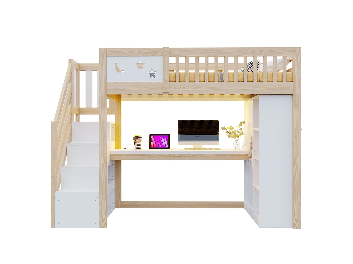 Lit mezzanine en bois 90 x 200 cm – avec barrières de sécurité – avec éclairage LED – avec prise électrique – Blanc + Naturel(matelas non inclus)