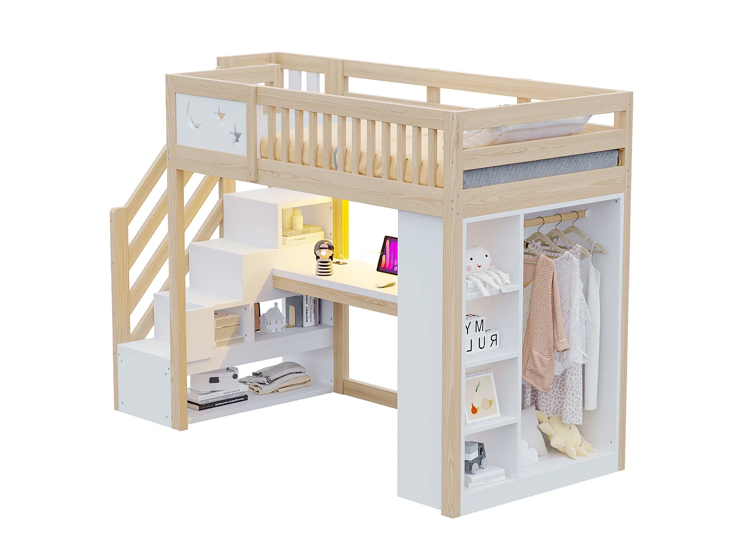 Lit mezzanine en bois 90 x 200 cm – avec barrières de sécurité – avec éclairage LED – avec prise électrique – Blanc + Naturel(matelas non inclus)
