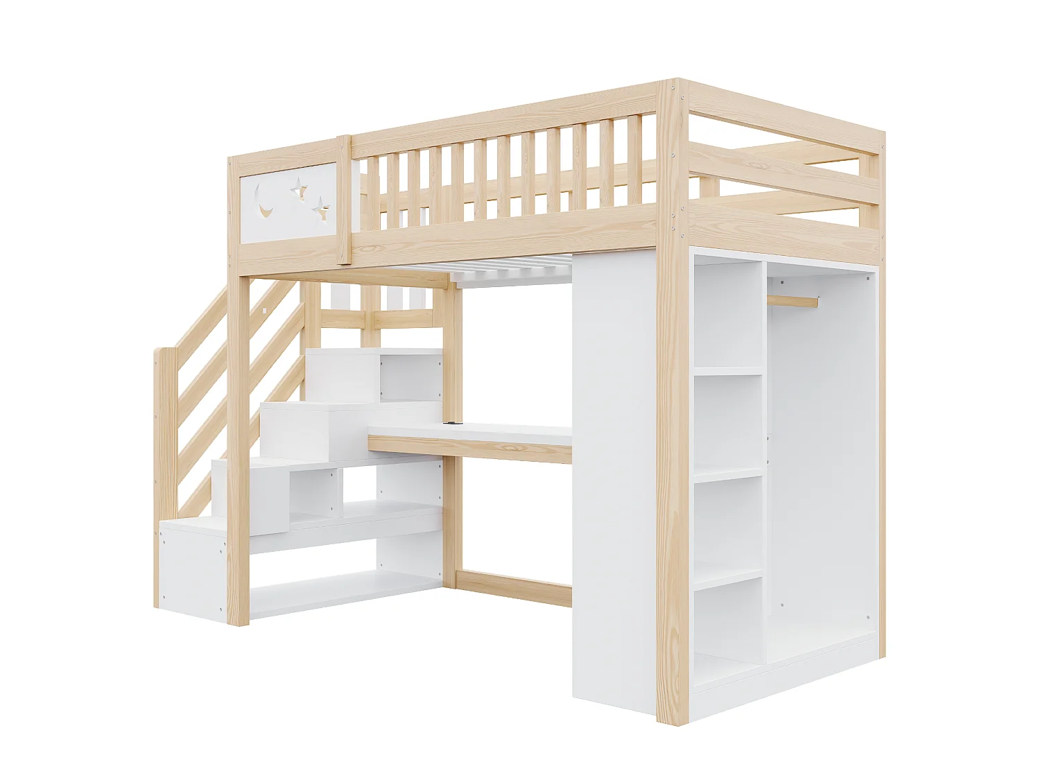 Lit mezzanine en bois 90 x 200 cm – avec barrières de sécurité – avec éclairage LED – avec prise électrique – Blanc + Naturel(matelas non inclus)