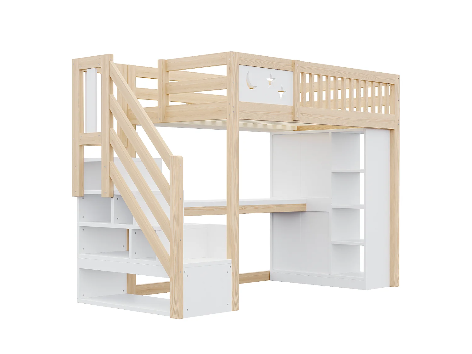 Lit mezzanine en bois 90 x 200 cm – avec barrières de sécurité – avec éclairage LED – avec prise électrique – Blanc + Naturel(matelas non inclus)