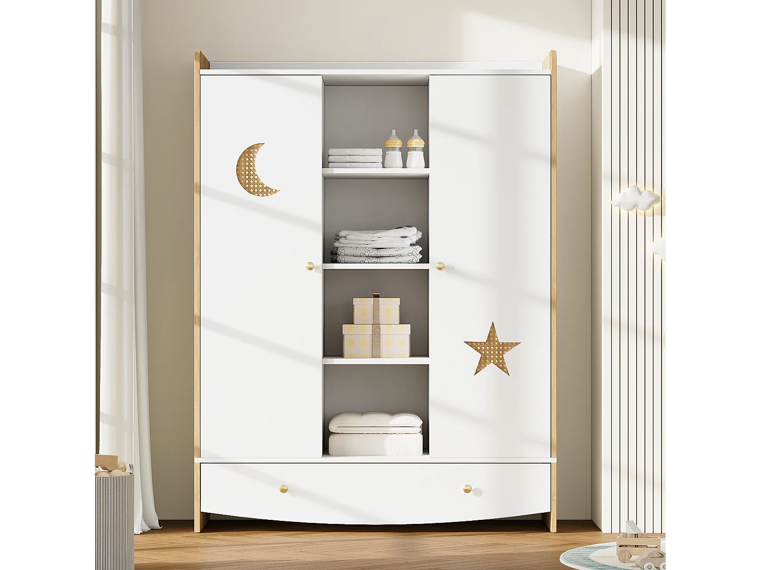 Armoire pour enfant 120x50x160 cm - 2 portes et 1 tiroir - 2 tringles à vêtements - finition style osier - Blanc+ naturel