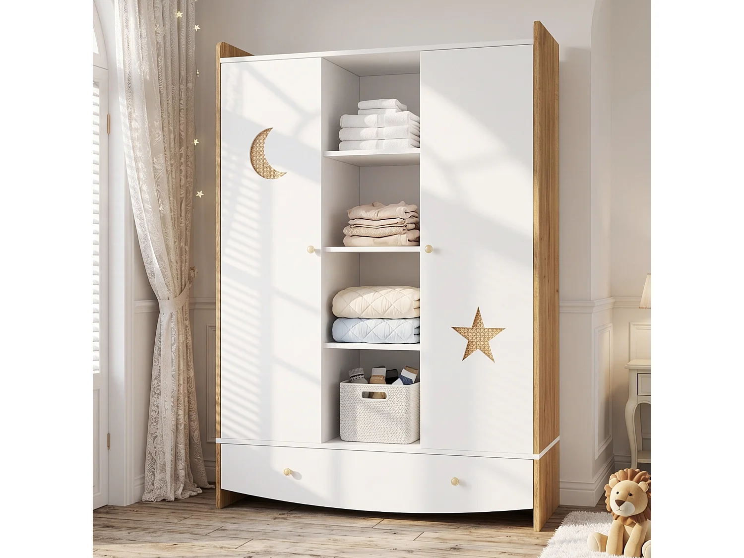 Armoire pour enfant 120x50x160 cm - 2 portes et 1 tiroir - 2 tringles à vêtements - finition style osier - Blanc+ naturel