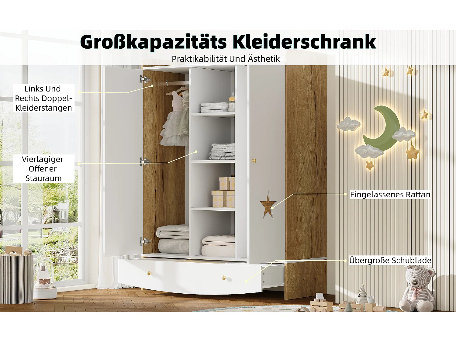 Armoire pour enfant 120x50x160 cm - 2 portes et 1 tiroir - 2 tringles à vêtements - finition style osier - Blanc+ naturel