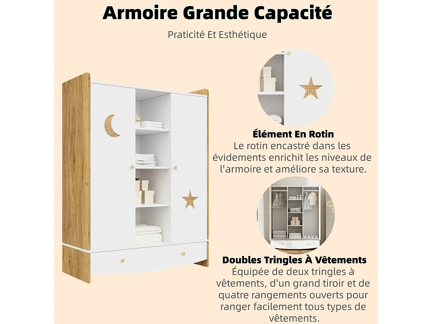 Armoire pour enfant 120x50x160 cm - 2 portes et 1 tiroir - 2 tringles à vêtements - finition style osier - Blanc+ naturel