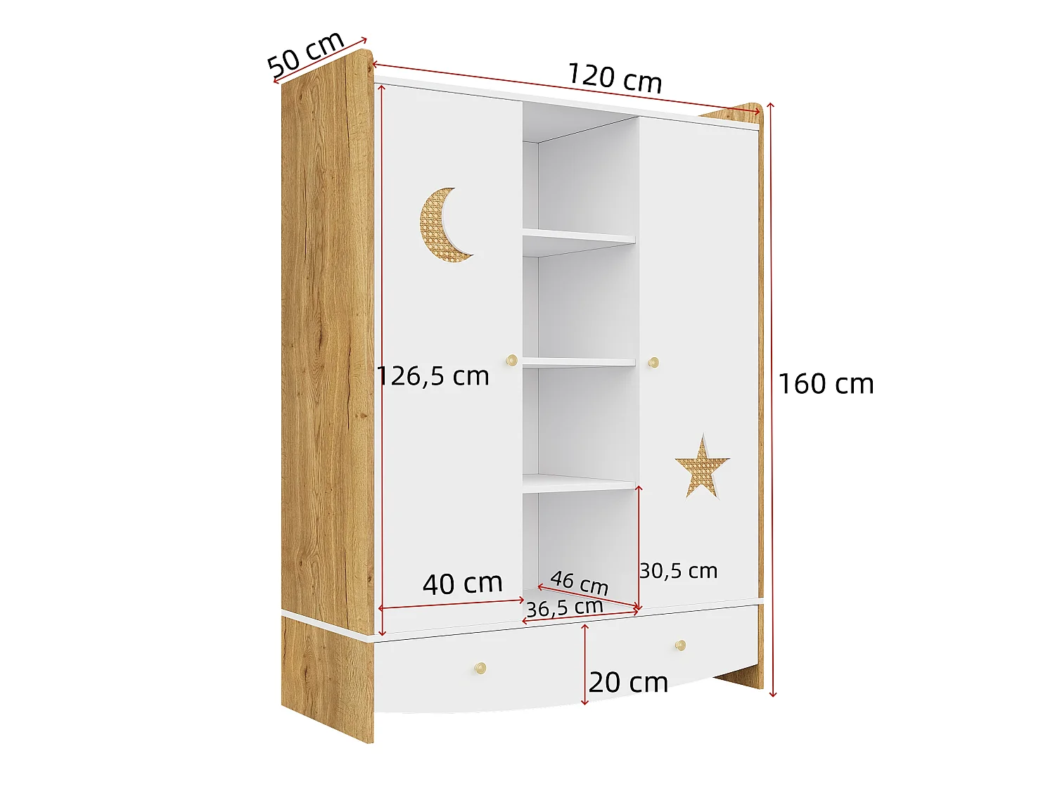 Armoire pour enfant 120x50x160 cm - 2 portes et 1 tiroir - 2 tringles à vêtements - finition style osier - Blanc+ naturel