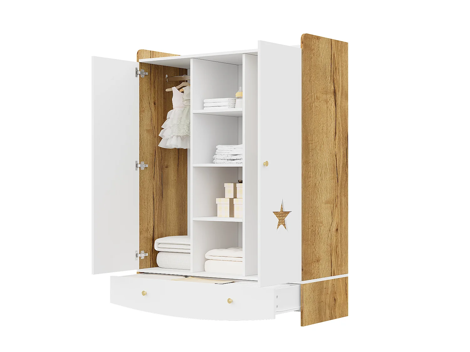 Armoire pour enfant 120x50x160 cm - 2 portes et 1 tiroir - 2 tringles à vêtements - finition style osier - Blanc+ naturel