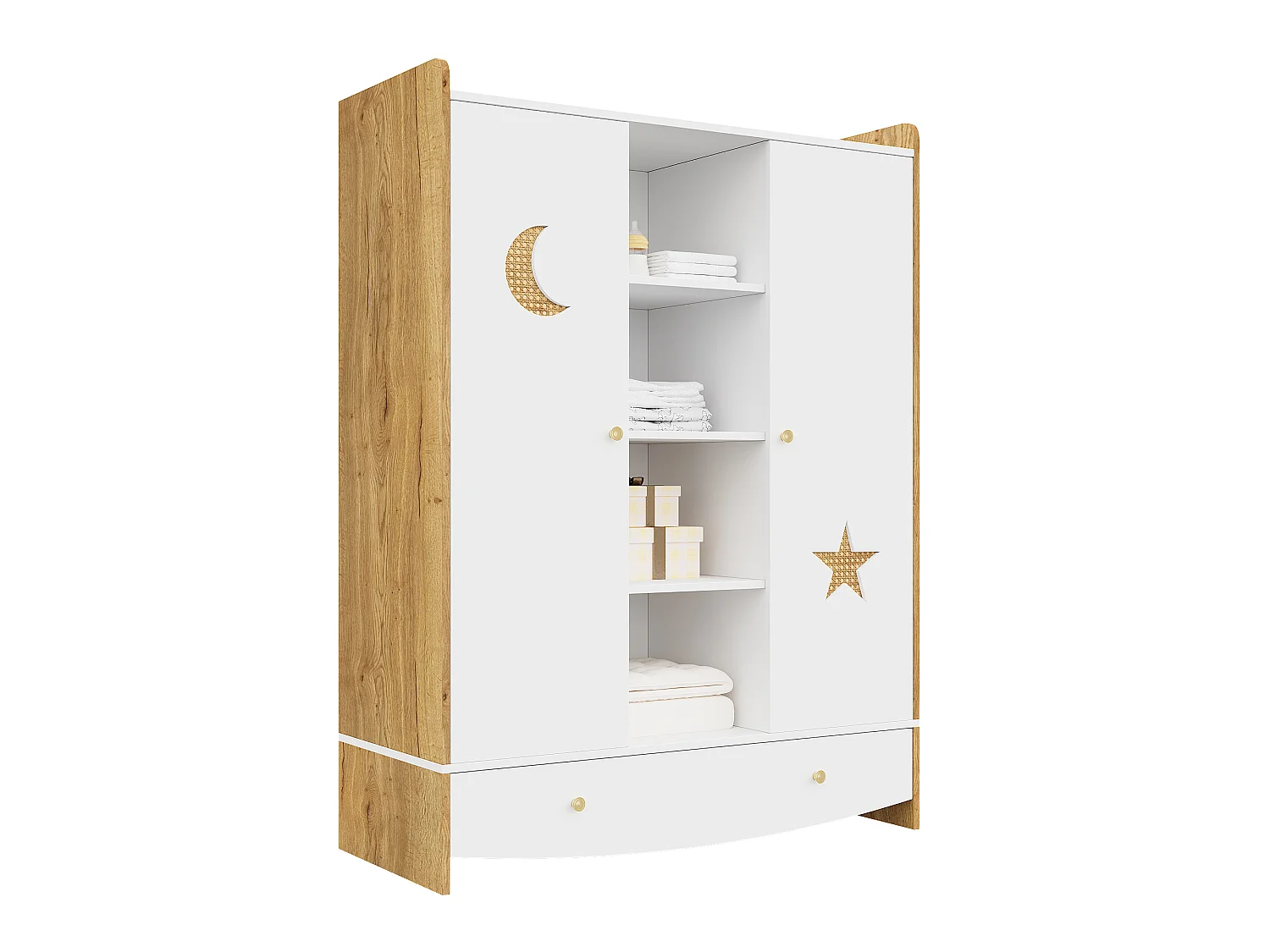 Armoire pour enfant 120x50x160 cm - 2 portes et 1 tiroir - 2 tringles à vêtements - finition style osier - Blanc+ naturel
