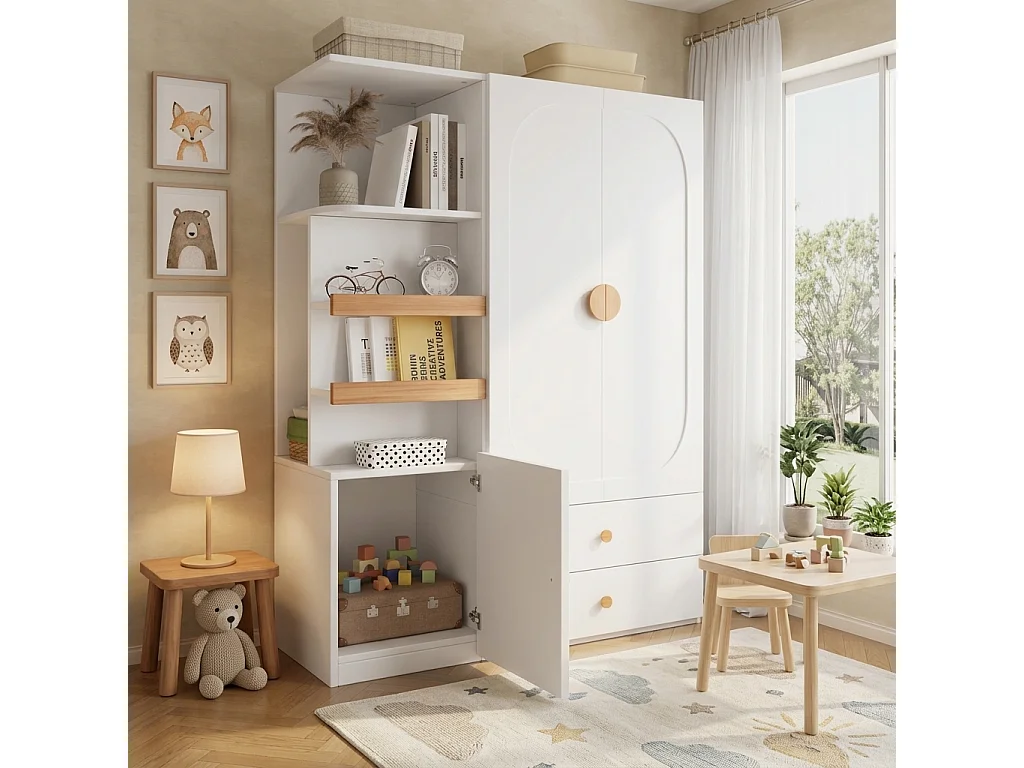 Wardrobe 125 x 50 x 180cm - with 2 drawers and 3 doors - with open shelves and clothes rail - White