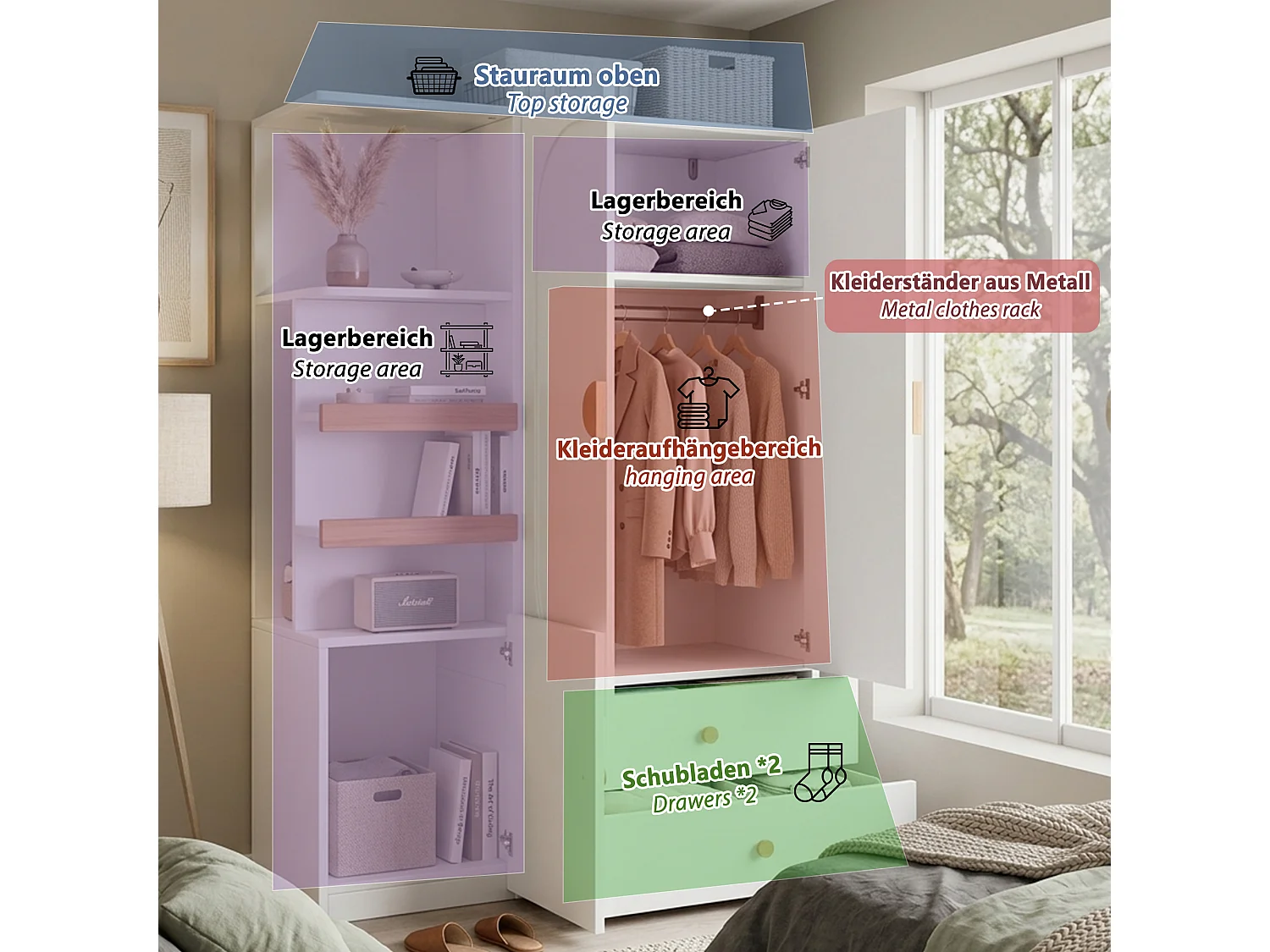 Wardrobe 125 x 50 x 180cm - with 2 drawers and 3 doors - with open shelves and clothes rail - White