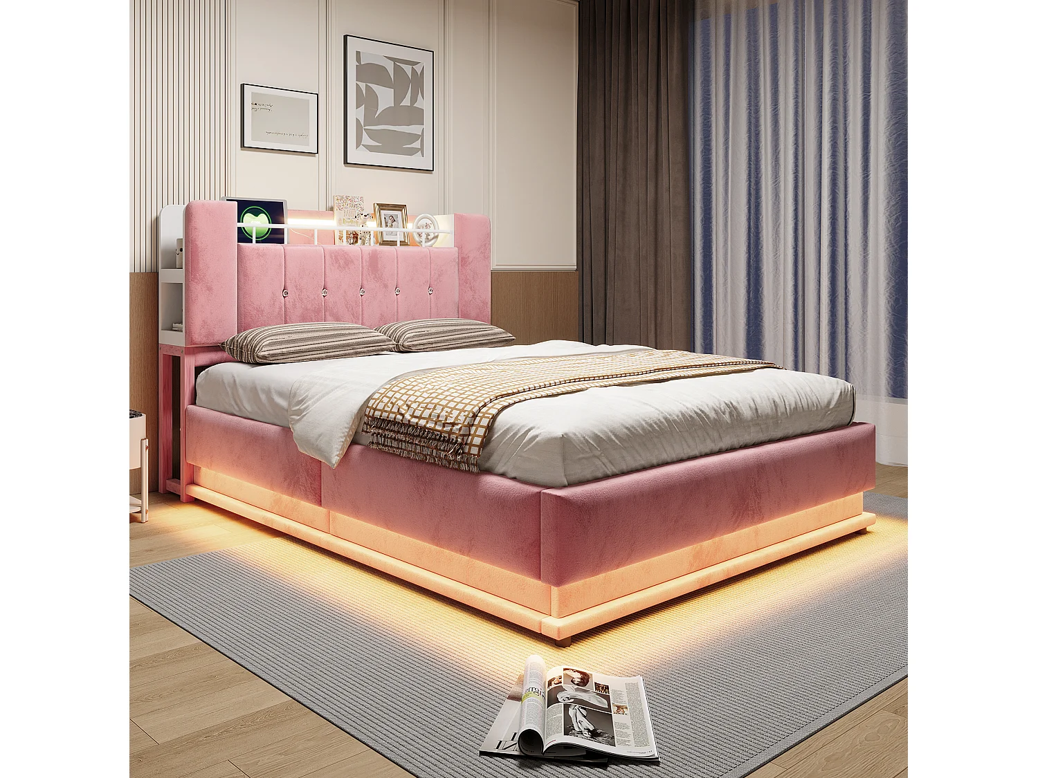 Polsterbett mit Bettkasten 140 x 200 cm – mit LED-Beleuchtung – mit USB-Anschluss – Samt – Rosa (Matratze nicht enthalten)