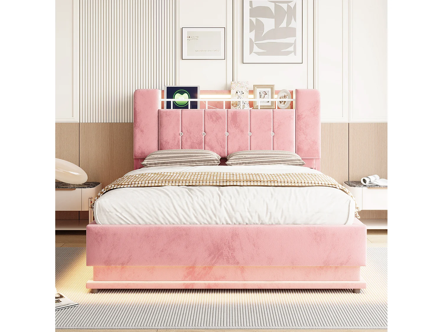 Polsterbett mit Bettkasten 140 x 200 cm – mit LED-Beleuchtung – mit USB-Anschluss – Samt – Rosa (Matratze nicht enthalten)