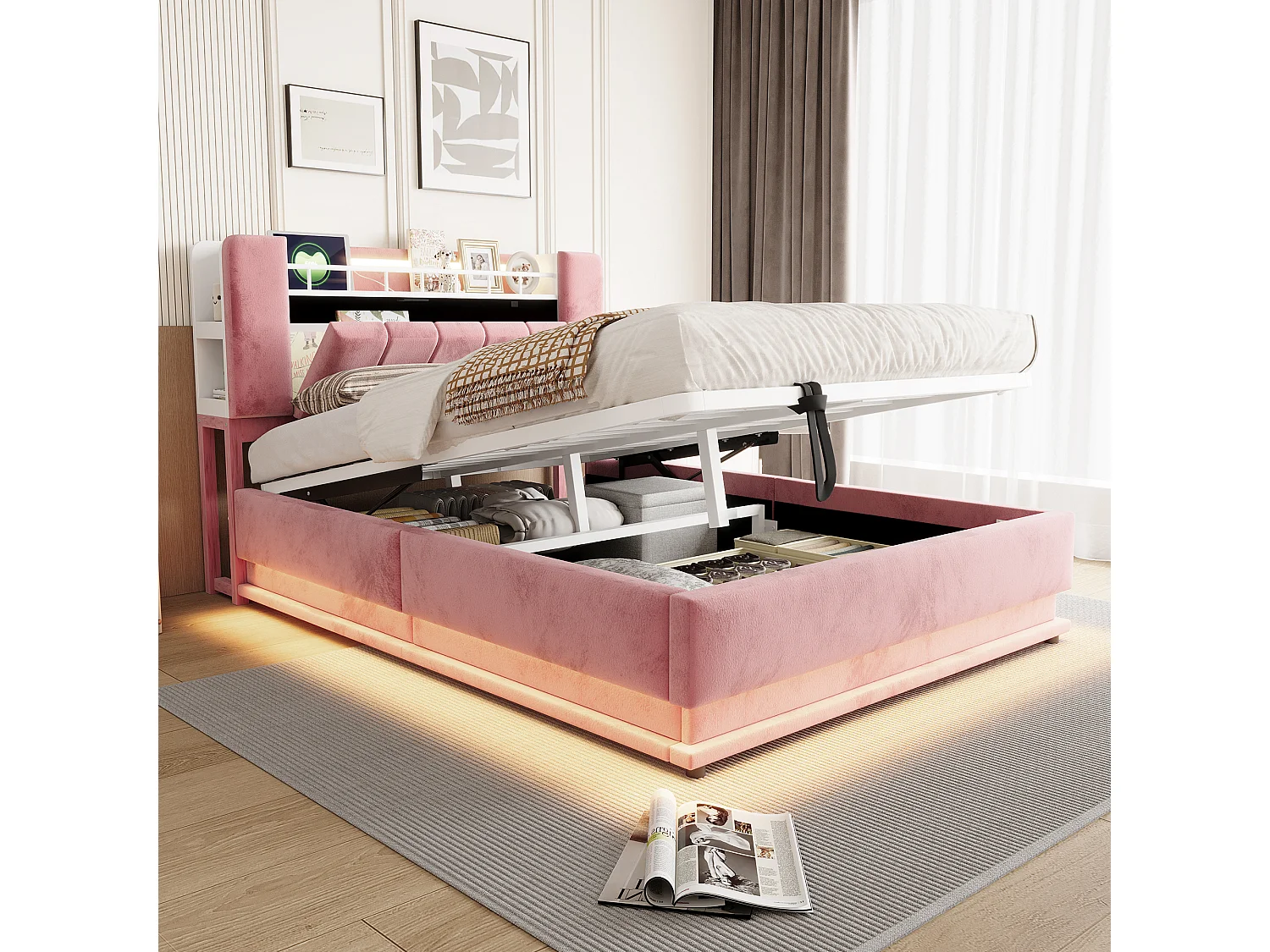 Polsterbett mit Bettkasten 140 x 200 cm – mit LED-Beleuchtung – mit USB-Anschluss – Samt – Rosa (Matratze nicht enthalten)