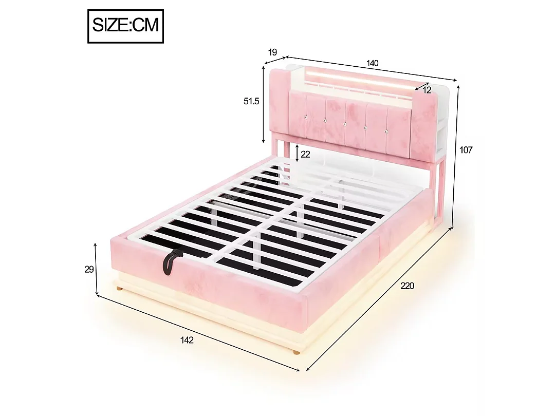 Polsterbett mit Bettkasten 140 x 200 cm – mit LED-Beleuchtung – mit USB-Anschluss – Samt – Rosa (Matratze nicht enthalten)