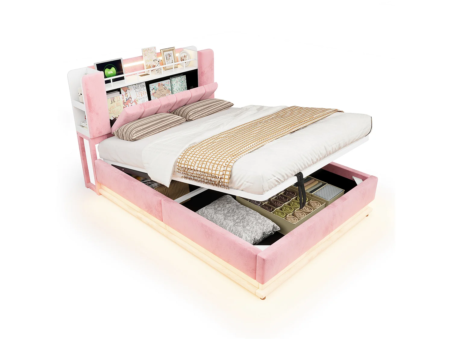 Polsterbett mit Bettkasten 140 x 200 cm – mit LED-Beleuchtung – mit USB-Anschluss – Samt – Rosa (Matratze nicht enthalten)